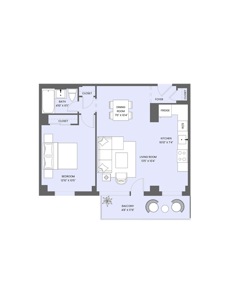 Floor plan for 1 bed, 1 bath, 626 sqft